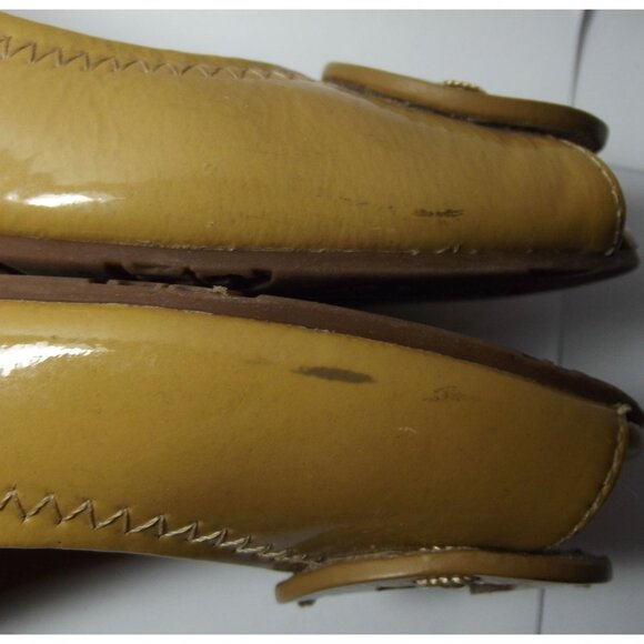 Tory Burch Sally Wedge Pumps Womens 8M Patent Leather Peeptoe Shoes Yellow Logo - Picture 14 of 16